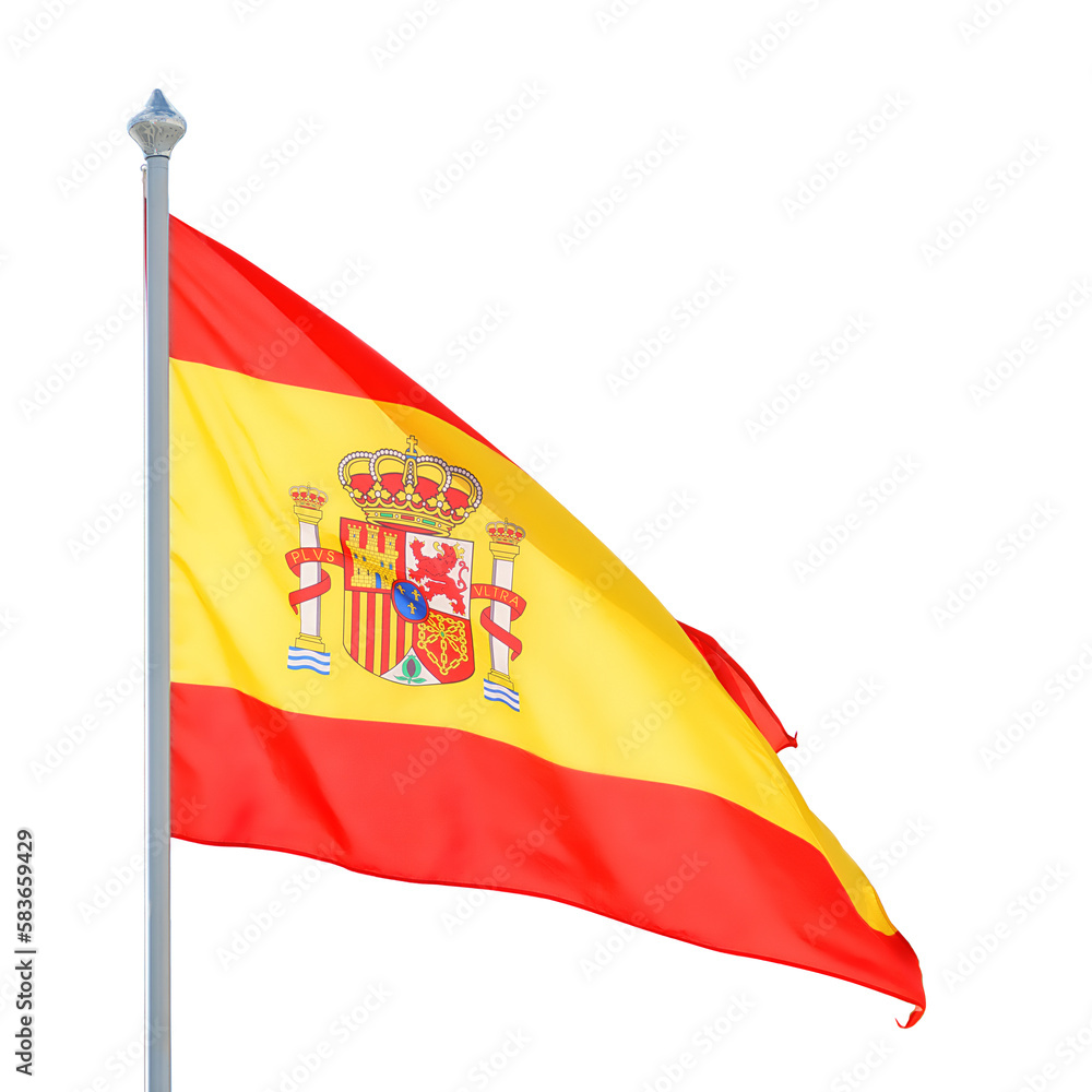 Spanish flag on flagpole. Isolated png with transparency