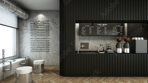 Cafe shop design Modern and Minimal,Slatted wall black color,Wall back counter concrete,Coffee equipment black color,Stool black color,Wood floors -3D render