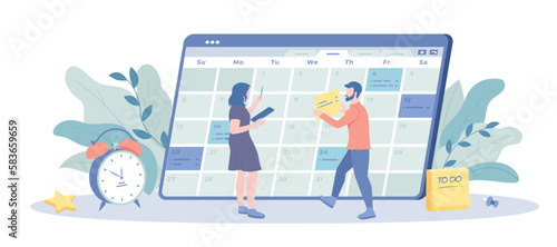 Schedule Management. Time planning, list of tasks online, to do reminder app, checklist, calendar application. Business people planning schedule. Vector illustration with character situation for web.