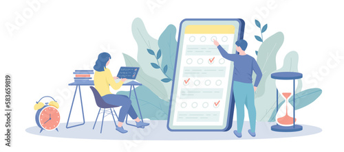 Online Survey, Examination, Student Test, Questionnaire. Person choosing answers. Digital quiz checkmarks. Vector illustration with character situation for web.