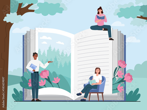 People read book. Man and woman reading interesting story. Love for literature, education and training, selfdevelopment. Dream day festival in open library. Cartoon flat vector illustration