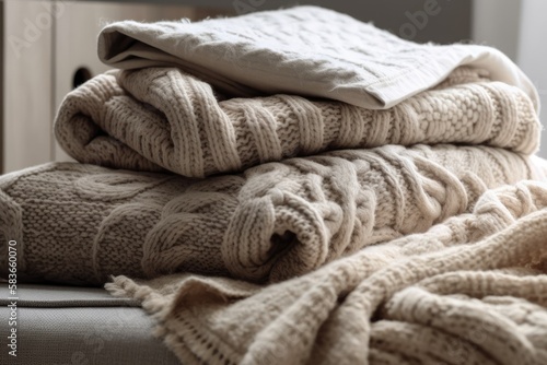 delicate knit beige blankets on white. Modern Scandinavian boho details. Generative AI photo