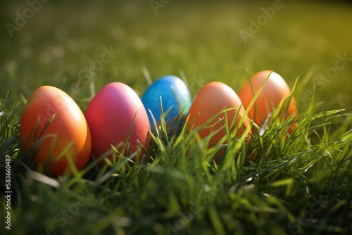 easter eggs in grass, Generative AI