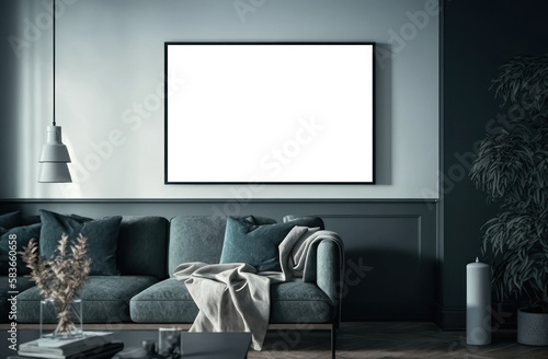 mockup. Picture frame in the interior, living room. AI generative. © Iaroslav