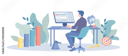 Search Engine Optimization audit, technical quality analysis. SEO manager working, doing copywriting, writing articles for blog, typing a text message. Vector illustration with character situation 