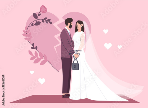 Forced marriage concept. Man and woman stand and hold hands in chains against background of broken heart. Bad relationship, unhappy bride and groom. Cartoon flat vector illustration