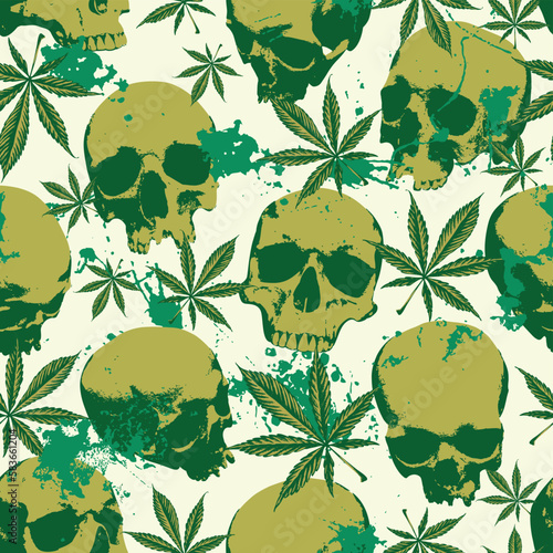 Vector seamless pattern in retro style on the theme of legalize marijuana and human skulls and splashes of green paint. Color repeatable background with hemp leaves, cannabis plants