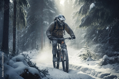 biker in action in the winter created with Generative AI technology