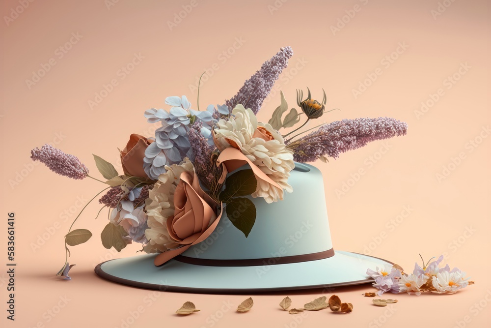 Hat with wildflowers on a wooden table on pastel background. AI generation Hat with wildflowers on a wooden table on pastel background. AI generation