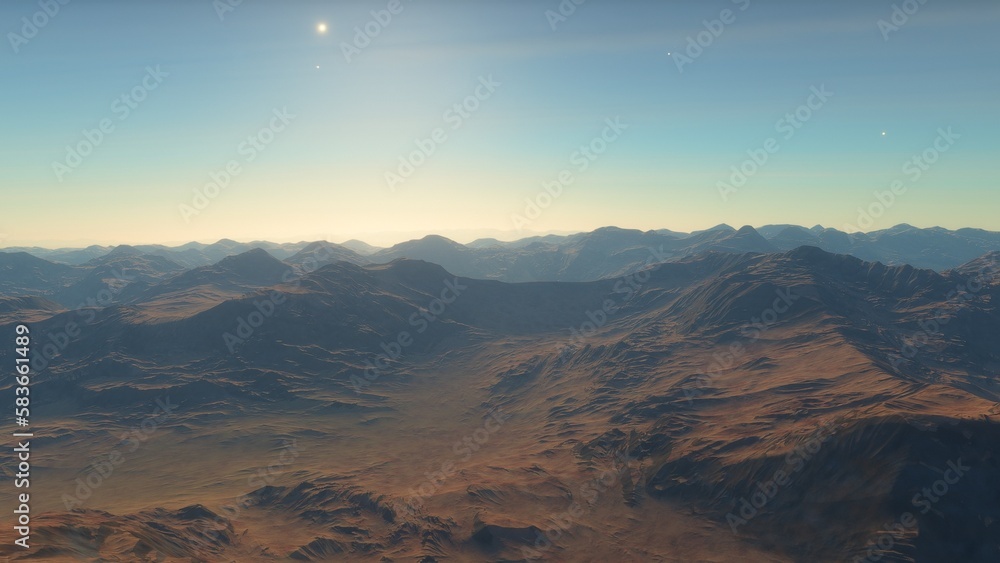 Naklejka premium landscape on planet Mars, scenic desert scene on the red planet 