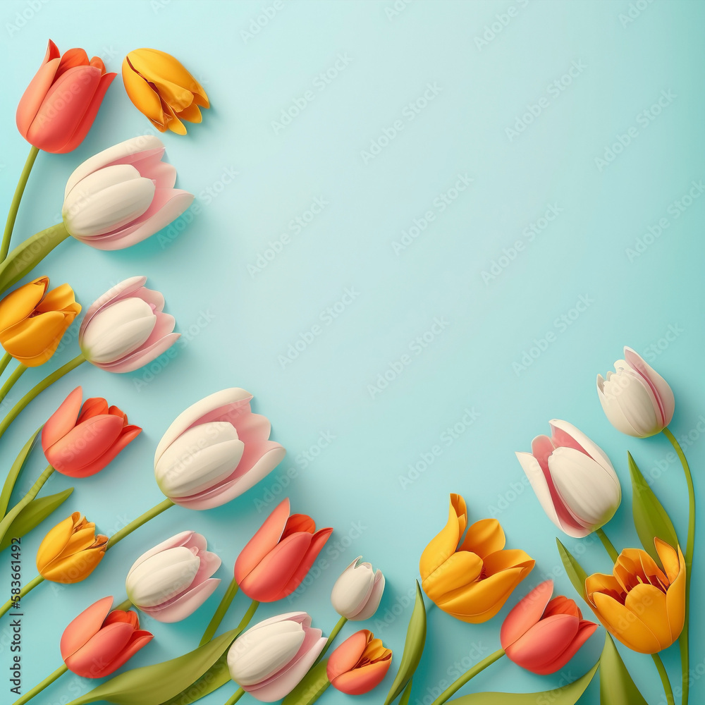 Women's Day concept. Top view photo of bunches of fresh flowers tulips on isolated pastel pink background with copyspace Generative AI