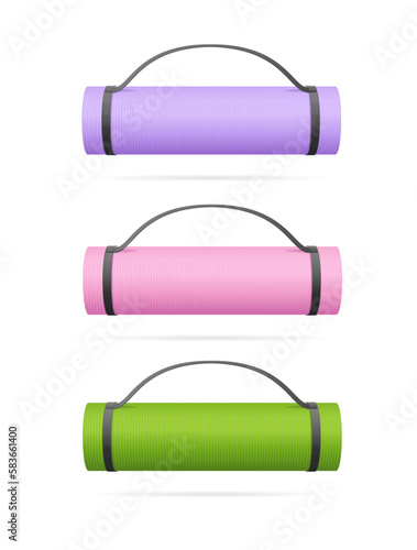 Realistic 3d Detailed Color Rolled Yoga Exercise Mat Set for Home or Gym Trainings. Vector illustration