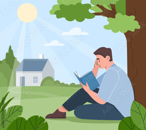 Concepts of reading outdoor. Young guy with book sits near tree. Useful hobby and leisure. Love for literature, selfdevelopment. Education and training, learning. Cartoon flat vector illustration