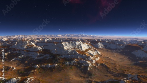 Mars like red planet  with arid landscape  rocky hills and mountains  for space exploration and science fiction backgrounds. 