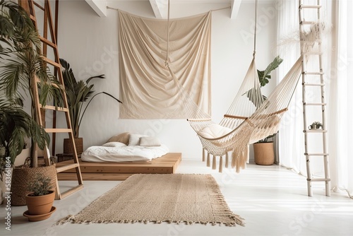 White decor with bed and hammock, White poster paper Content or design mockup, wooden staircase, palm, and louvered divider. Generative AI