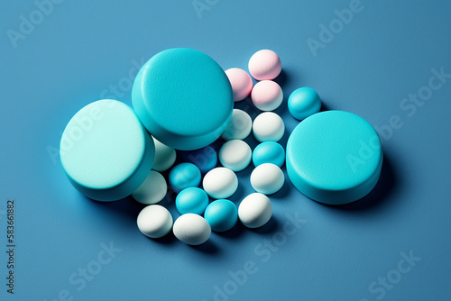 Blue pills of different sizes and shapes on blue background. Generative AI.