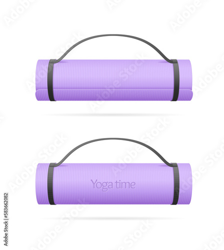 Yoga Time Concept with Realistic 3d Detailed Violet Rolled Exercise Mat Set. Vector illustration of Fitness Equipment