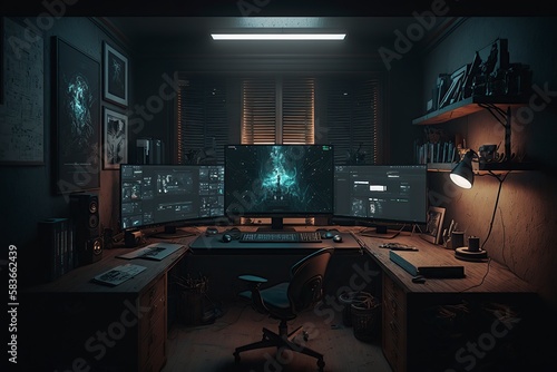 illustration, dark room with computer desk and monitor, ai generative