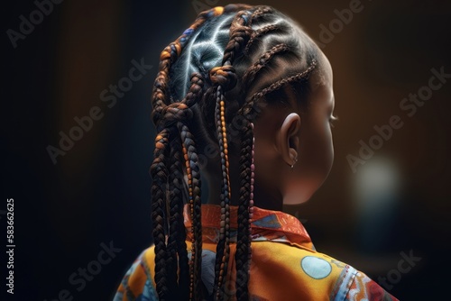 Child girl with zizi braids in afro style, rear view. AI generated