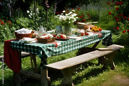 wooden spring picnic table covered with a checkered tablecloth, surrounded by green grass and colourful flowers in a sunny garden (AI Generated)