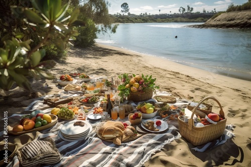 a serene picnic scene by the water  a soft  sandy beach or gentle riverbank providing the ideal location for a relaxing outdoor meal  AI Generated 