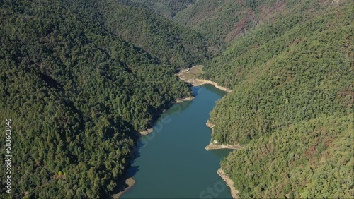 Mounains Lagoon Embalse Bullileo en region Maule, Chile. Aerial drone view video photo