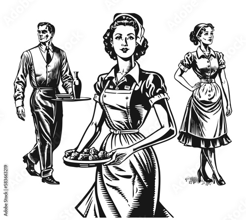 Waiters Illustration in black and white. Hand drawn set of vintage engraving woodcut style vector illustrations.