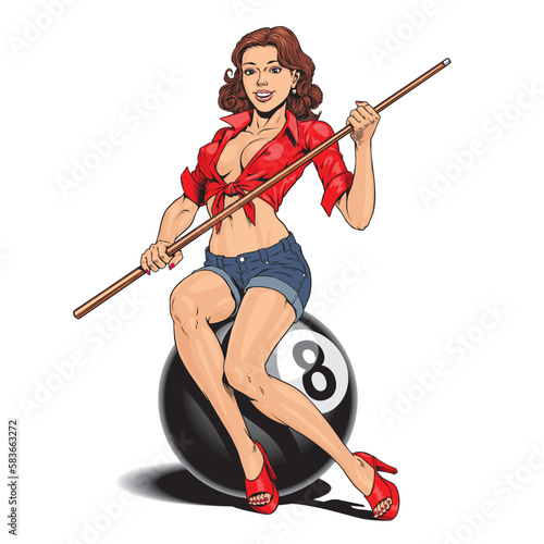 Girl holding billiard cue and sitting on a big 8 ball, isolated on white background. Pool or snooker player print or poster design. Vector illustration. 