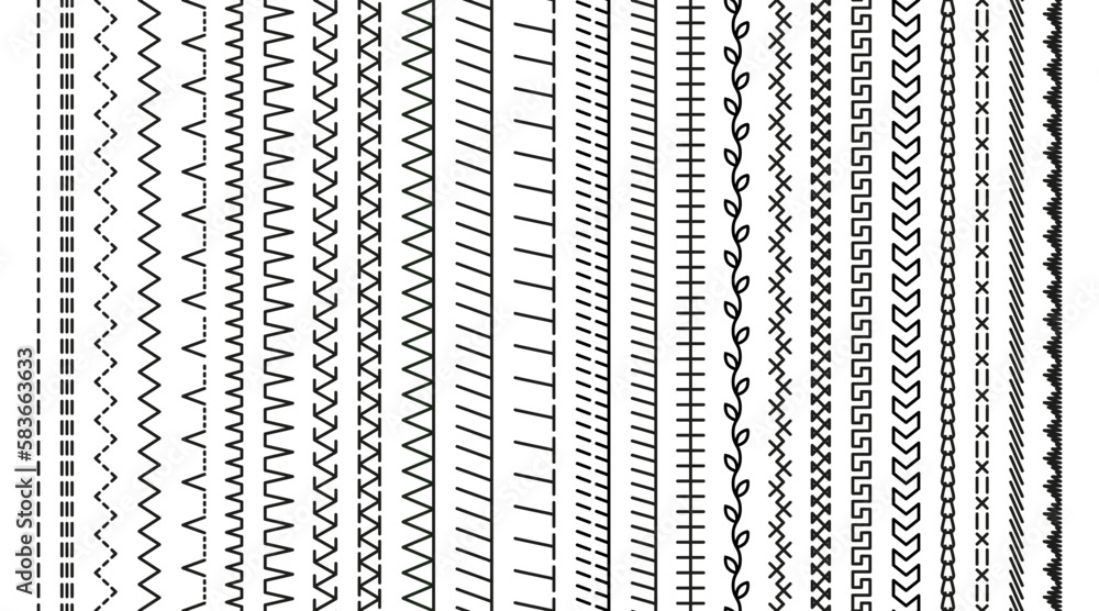 Embroidery stitches. Seamless sewing seams. Overlock fabric elements. Outline border isolated on white background. Set of machine thread sew brushes. Simple design. Vector illustration. Embroidery stitches. Seamless sewing seams. Overlock fabric elements. Outline border isolated on white background. Set of machine thread sew brushes. Simple design. Vector illustration.