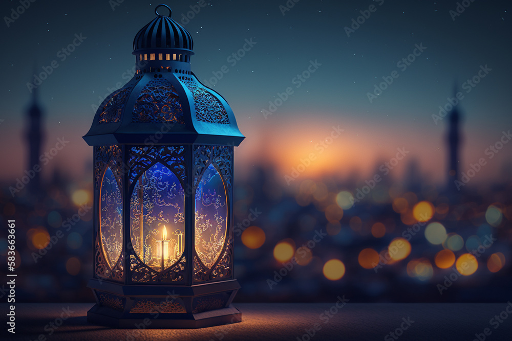 ramadan lantern with a brightly lit city at sunset in the background, generative AI ramadan lantern with a brightly lit city at sunset in the background, generative AI