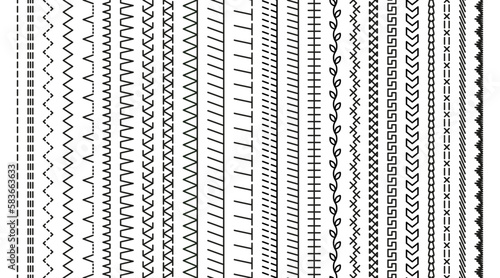 Embroidery stitches. Seamless sewing seams. Overlock fabric elements. Outline border isolated on white background. Set of machine thread sew brushes. Simple design. Vector illustration.