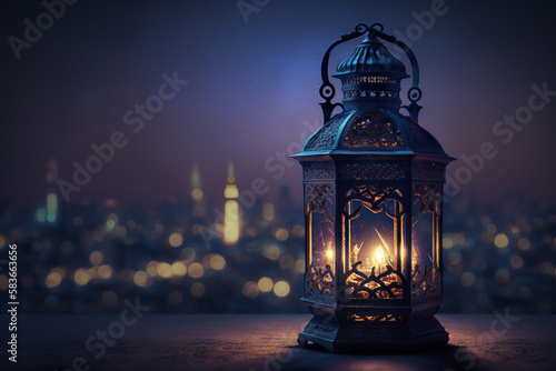 Wallpaper Mural beautiful ramadan lantern in the evening, with a city skyline in the background, generative AI Torontodigital.ca