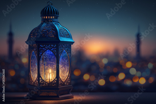 ramadan lantern with a brightly lit city at sunset in the background, generative AI