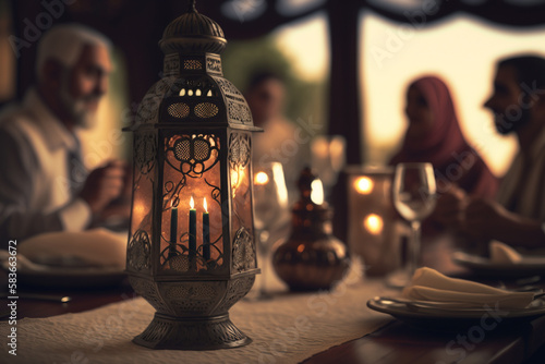 Wallpaper Mural dining scene in an islamic family, with a beautiful lit lantern in the foreground, generative AI Torontodigital.ca