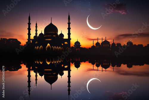 Wallpaper Mural mosque at sunset with a crescent moon, generative AI Torontodigital.ca