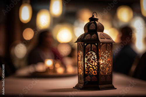 Wallpaper Mural ramadan lantern with a defocused dining scene in the background, generative AI Torontodigital.ca