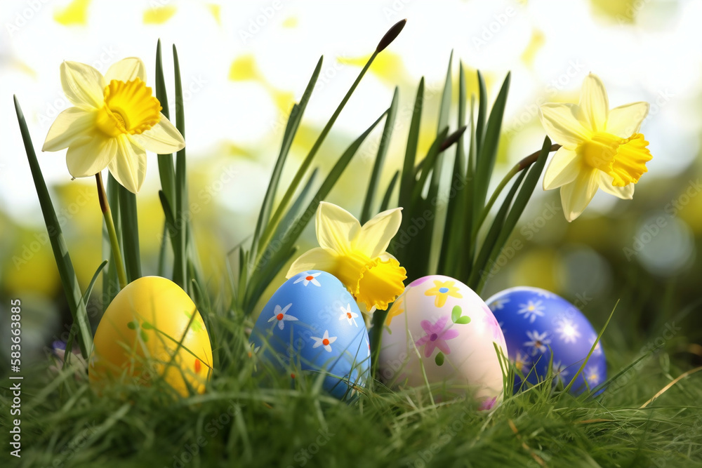 easter eggs in grass with flowers, Generative AI