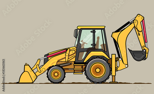 Excavator front loader, backhoe excavator loader.
Vector illustration.