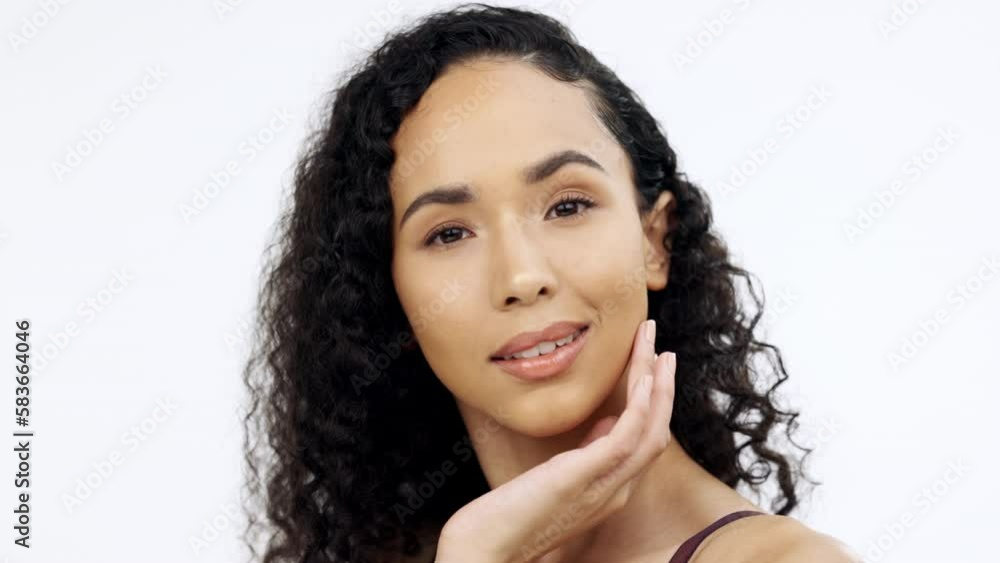 Model, beauty or touching face on isolated white background in skincare, collagen success or dermatology treatment. Smile, happy or woman portrait in natural makeup, cosmetics glow or hairstyle pride Model, beauty or touching face on isolated white background in skincare, collagen success or dermatology treatment. Smile, happy or woman portrait in natural makeup, cosmetics glow or hairstyle pride
