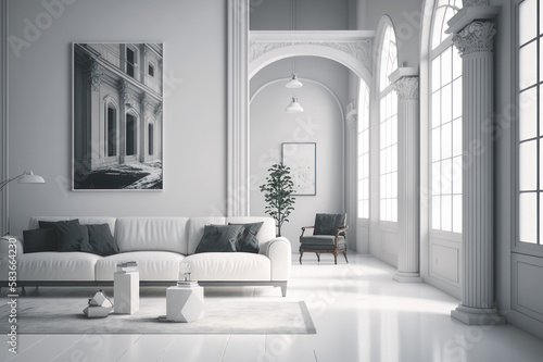 Living room in the style of minimalism, gray and white colors. AI generative.