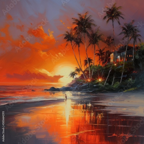 A painting of sunset with palm trees