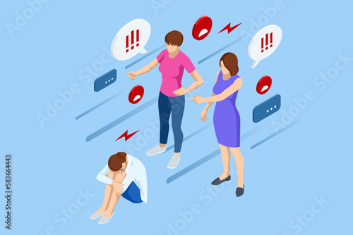 Isometric Bullying, gossip violent, rumors, discredit, bullying, insult, racist, threat, harassment, lies, and impersonate. People bullying a sad woman