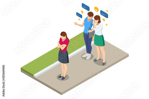 Isometric Bullying, gossip violent, rumors, discredit, bullying, insult, racist, threat, harassment, lies, and impersonate. People bullying a sad woman