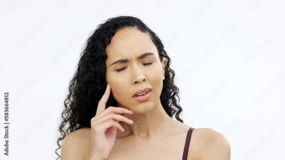 Confused woman, face or thinking on isolated white background of skincare, beauty or makeup brand choice. Doubt, portrait or model with ideas, questions or choosing vision in mind change on mock up Confused woman, face or thinking on isolated white background of skincare, beauty or makeup brand choice. Doubt, portrait or model with ideas, questions or choosing vision in mind change on mock up