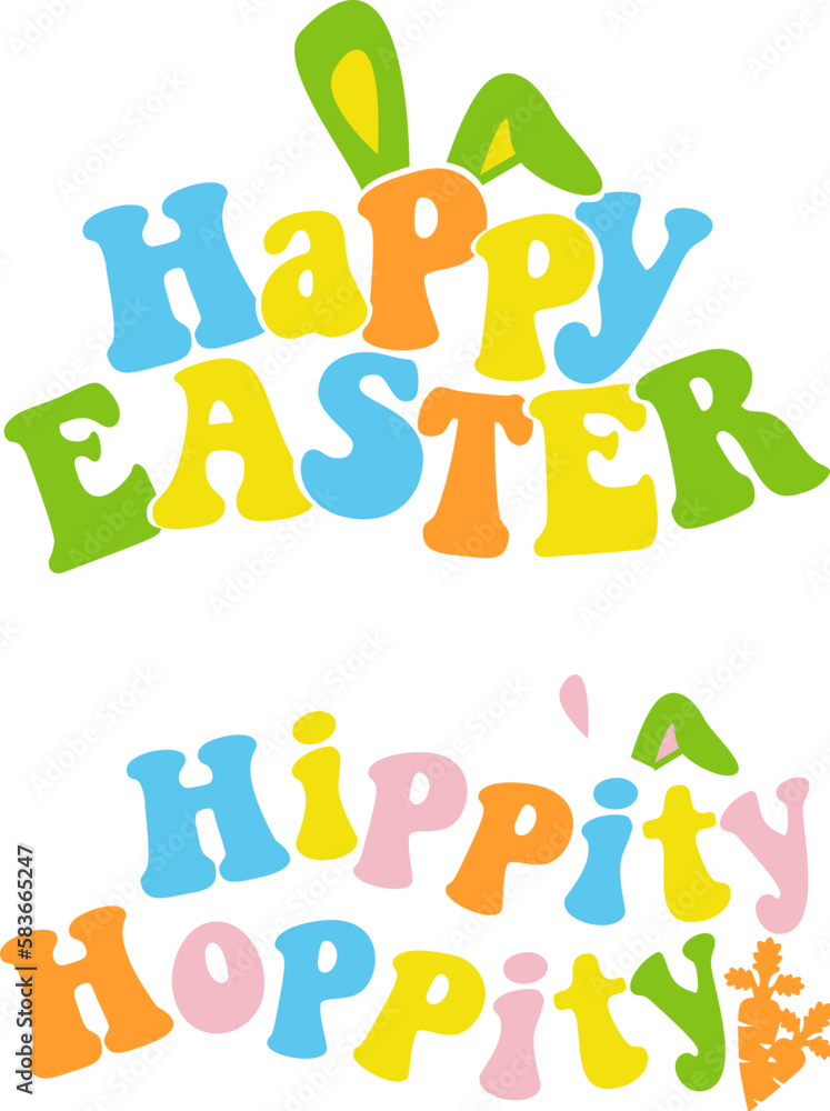 Easter design set with bunny ears and eggs. Easter quote for baby. Groovy style Easter design set with bunny ears and eggs. Easter quote for baby. Groovy style