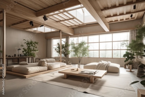 Bleached wooden Japanese living room in white and beige. Fabric couch, beams ceiling, window, and decors. Farmhouse decor,. Generative AI