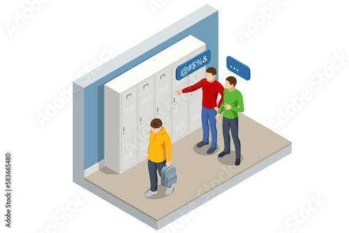 Isometric Boy student getting bullied in school. Dissatisfied sad boy walks down the corridor at school. A child being bullied by a group of children.