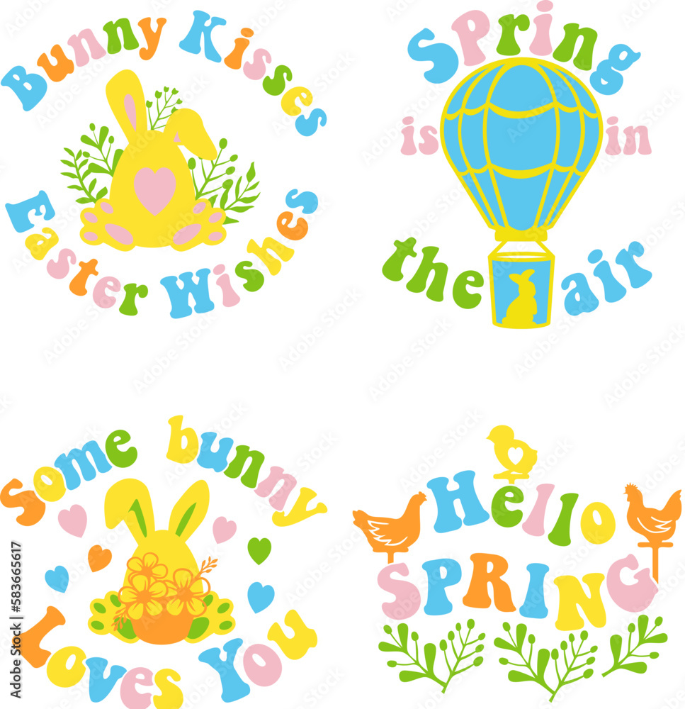 Easter design set with bunny ears and eggs. Easter quote for baby. Groovy style