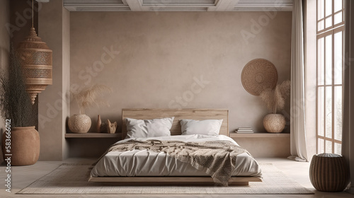 Interior nomadic style bedroom, background, generative ai