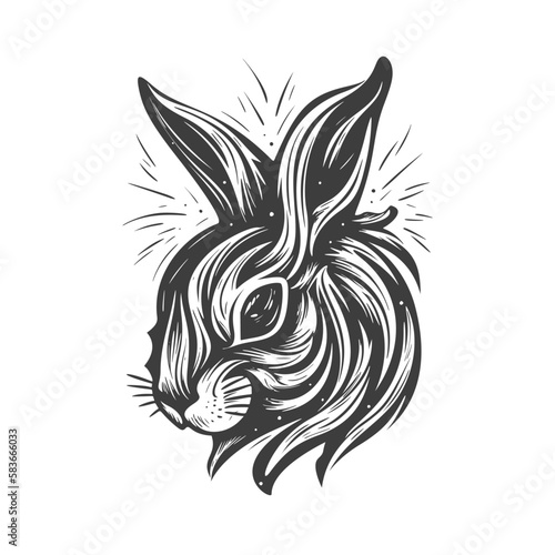Stylized bunny head. Woodcut engraving style hand drawn vector illustration. Optimized vector. 